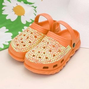 Orange Bling Rhinestone Crystal Slip On Croclike Slides Rubber Clog Sandals
